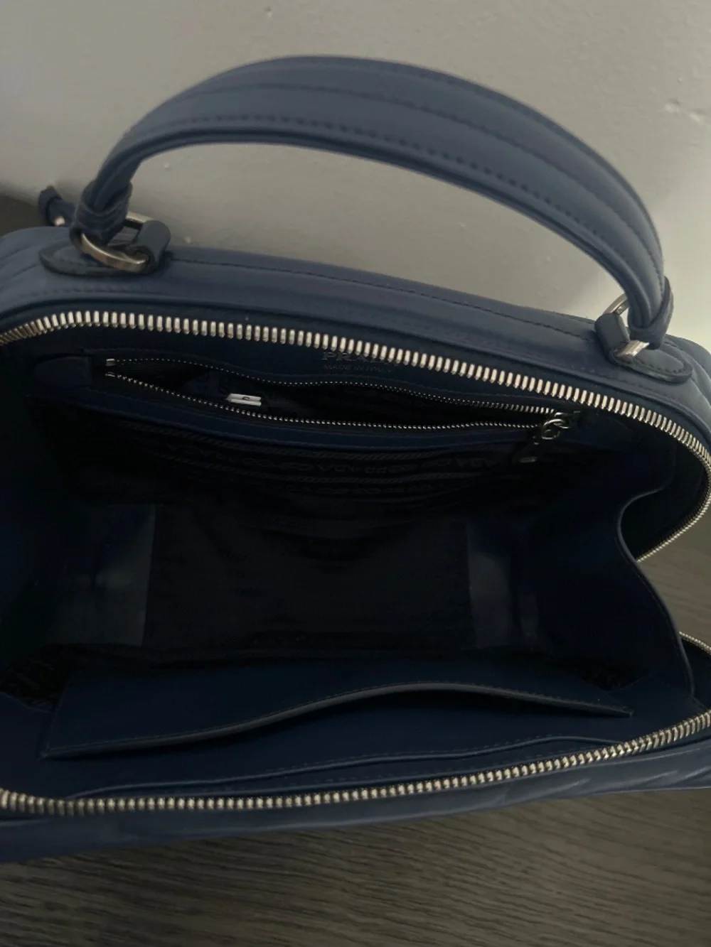 Prada Diagramme Medium Quilted Leather Top Handle Shoulder Crossbody Bag Navy